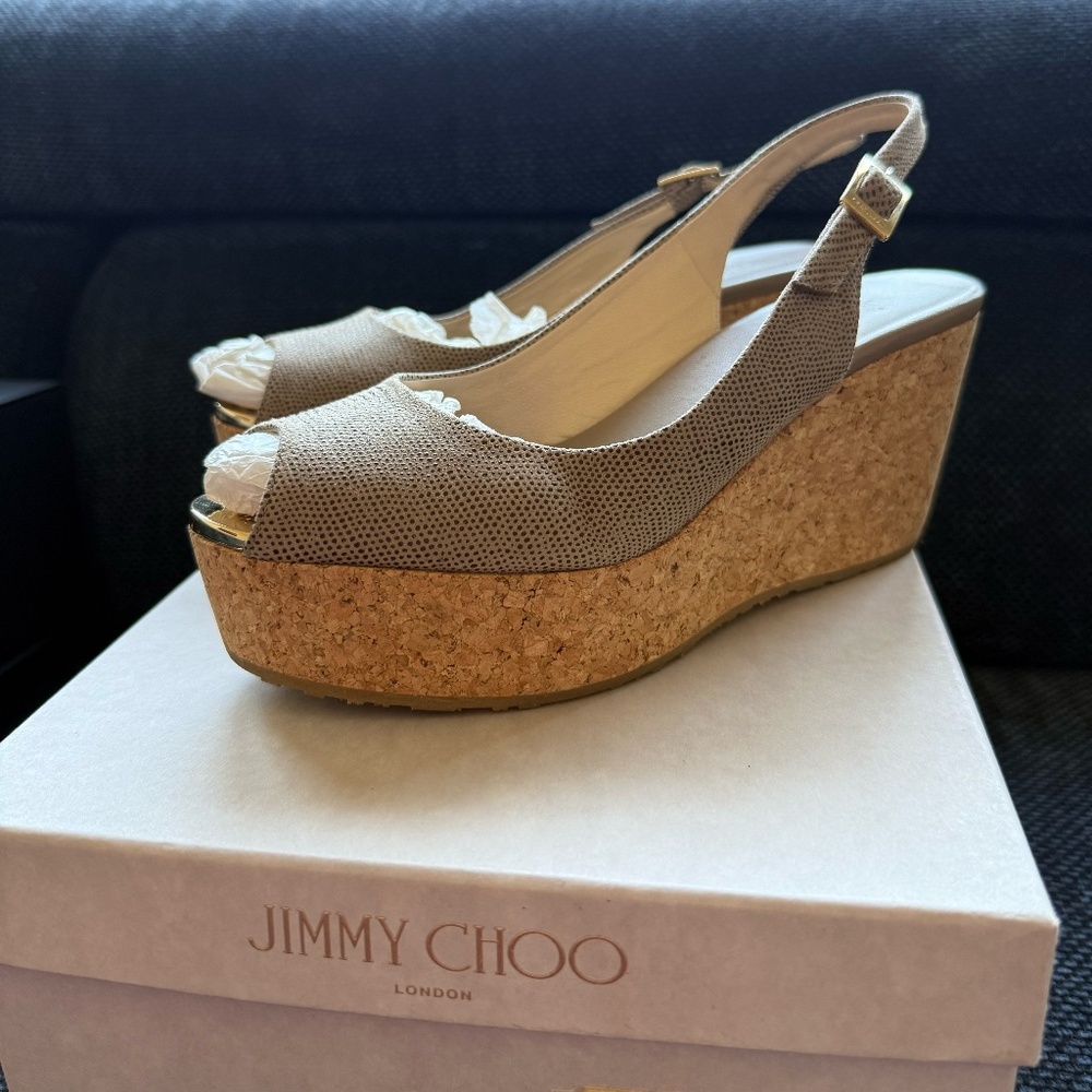 Jimmy Choo 36.5 Embossed leather cork wedges